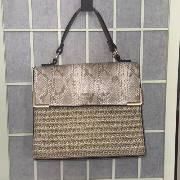 Dune London Embossed Snake Print Designer Lux Crossbody Gold Straw Wicker Purse - Picture 1 of 15